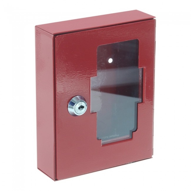 Red emergency key cabinet with glass door and cylinder lock, door closed.
