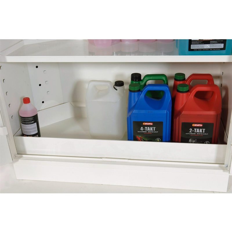 White bottom tray inside a white cabinet, filled with blue, red and white chemical containers. The cabinet is open.