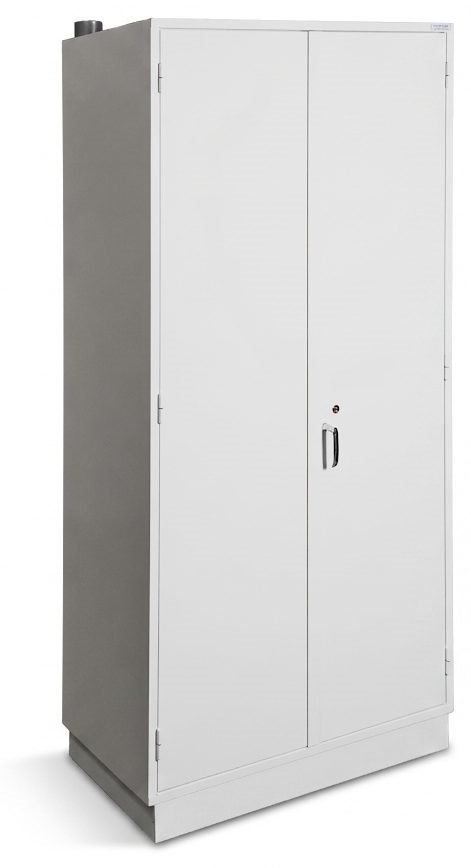 Light grey tall cabinet with two closed doors, a handle, a key lock, and a vent on top, from a slight front angle.