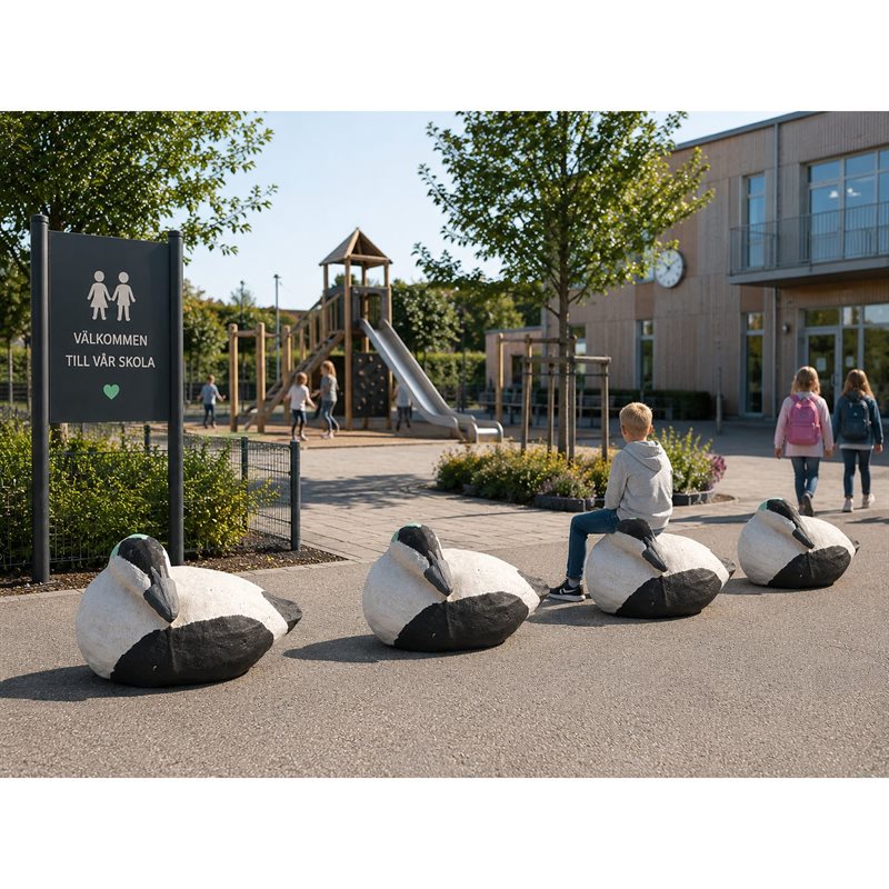 Tre svartvita ejder-skulpturer i cement, en med ett barn sittande på, utomhus vid en skola.
