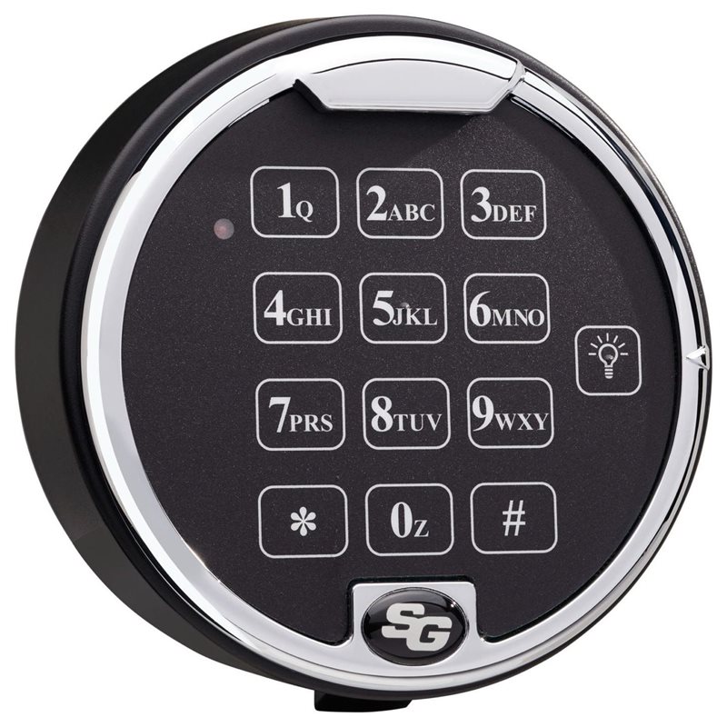 Round black keypad with silver details and illuminated buttons, angled from front-right.
