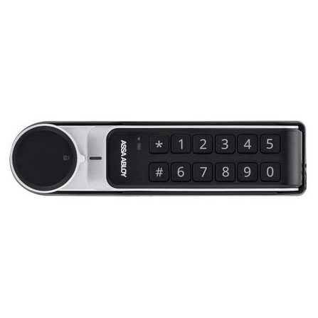 Svart och silverfärgad digital kodpanel med knappsats och rund vridknapp/läsare till vänster, sedd framifrån.