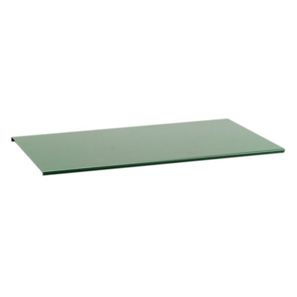 Green movable metal shelf, viewed from an angle.