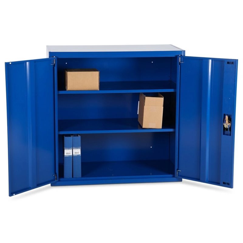 Blue metal cabinet with two open doors, three shelves with two cardboard boxes and two blue binders.
