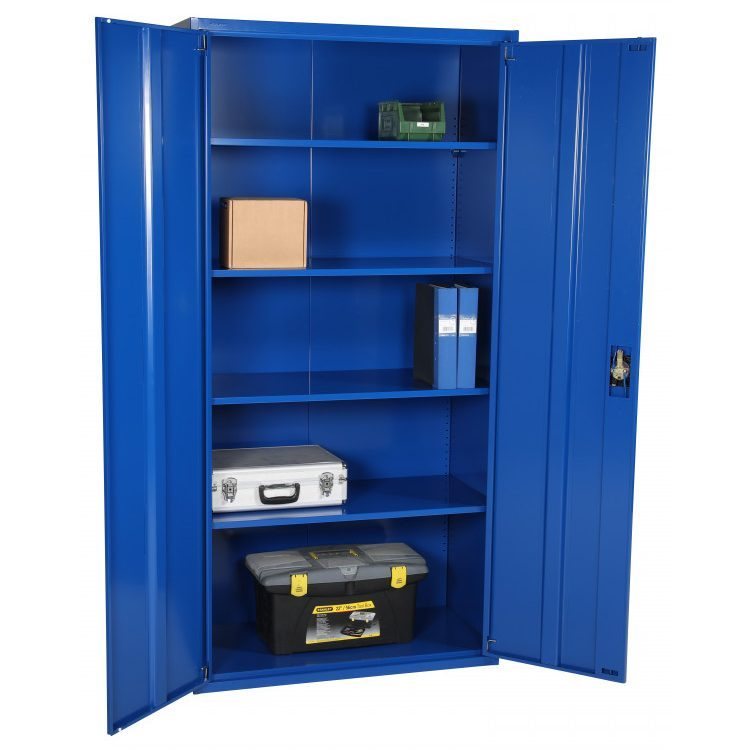 Blue metal cabinet with two open doors and five shelves. The shelves hold a box, binders and toolboxes.