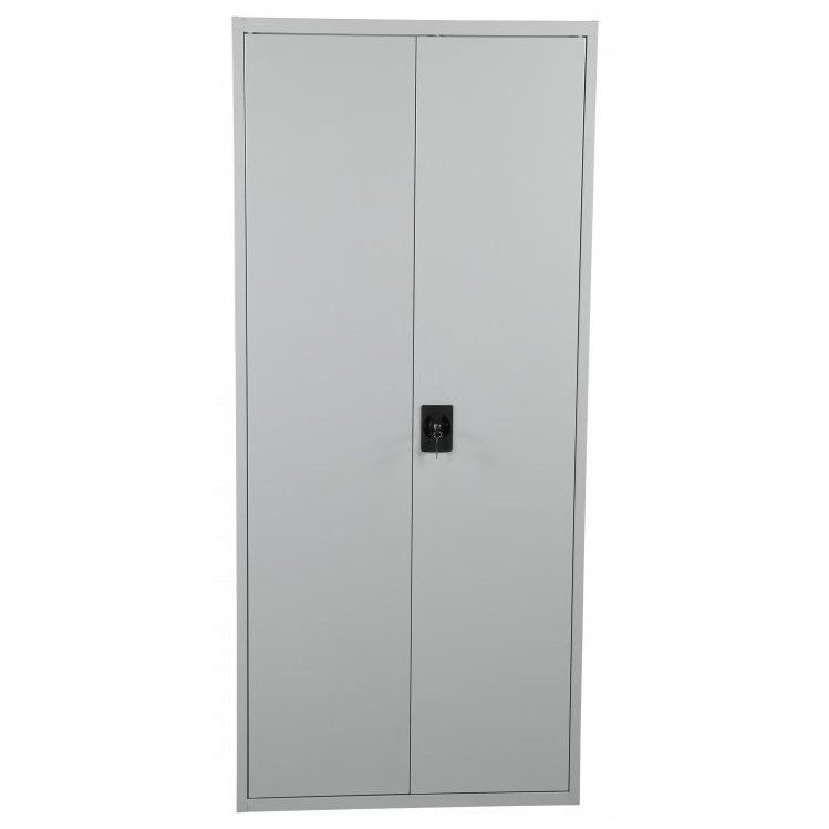 Light grey metal storage cabinet with two closed doors and black key lock.