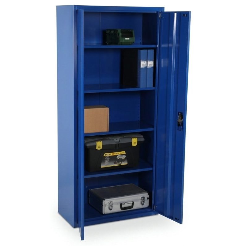 Blue metal storage cabinet with one door open, filled with boxes and binders.