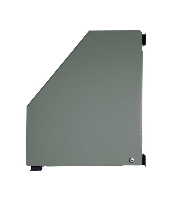 Grey-green metal shelf insert with a slanted front, viewed from the top.