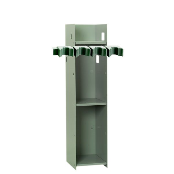 Grey shelf insert with two visible shelves and green pipe support at the top.