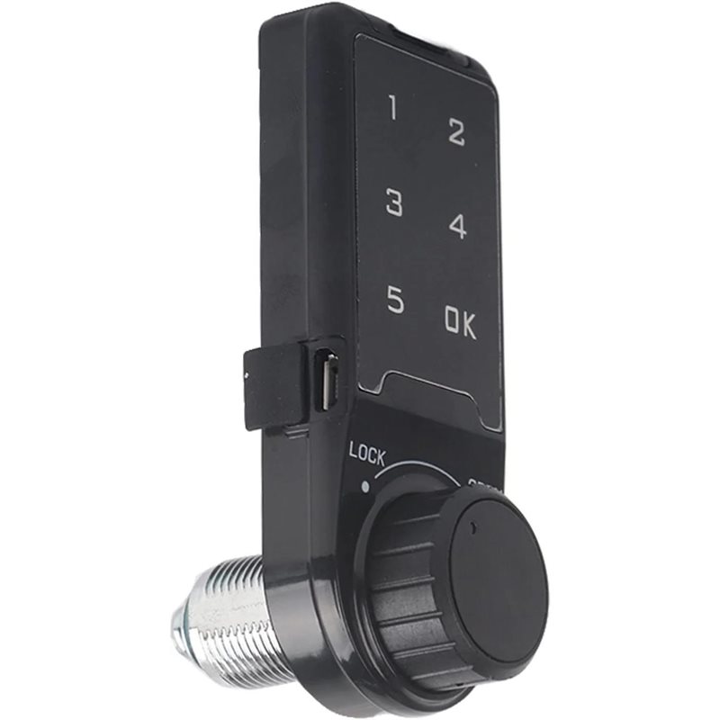 Black digital code lock with keypad 1-5 and OK, rotating knob and threaded metal cylinder for mounting, angled from front-rig