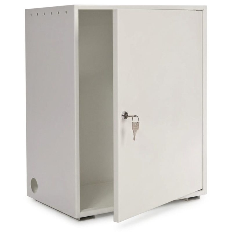 White lockable storage cabinet with open door, visible locking mechanism and key, studio background.