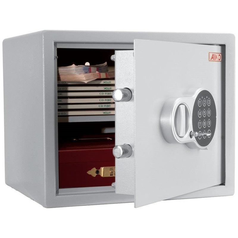 White safe with digital code lock, door open showing CDs, books and red metal box inside