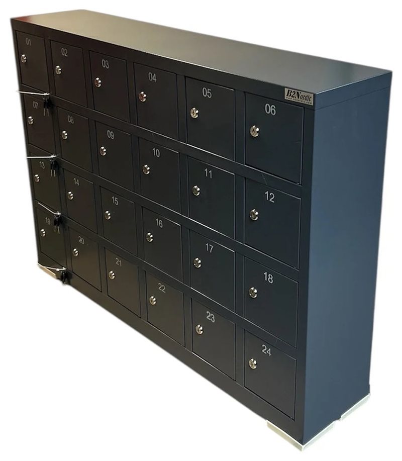 Anthracite grey mobile phone cabinet with 24 numbered compartments and key locks, seen from a front angle. Some keys are in t