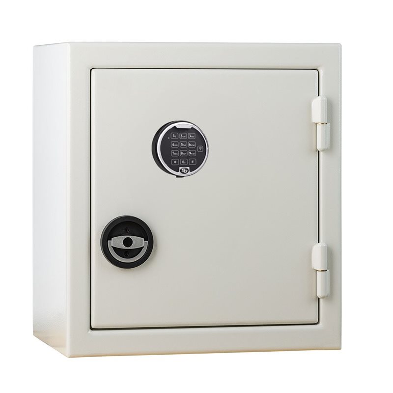White security cabinet with digital code lock and mechanical lock handle, door closed.