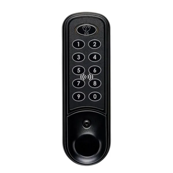 Black rectangular digital RFID lock with keypad and numbers 0-9, seen straight from the front.