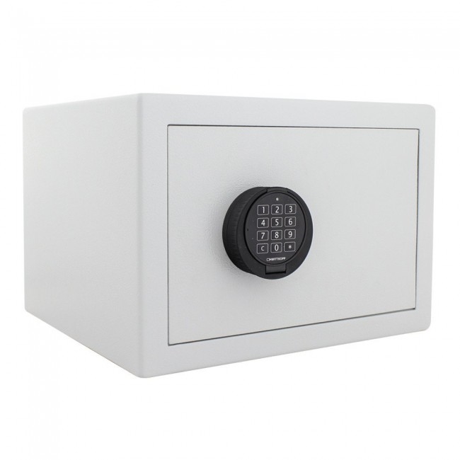 White valuables cabinet with black digital code lock, door closed.