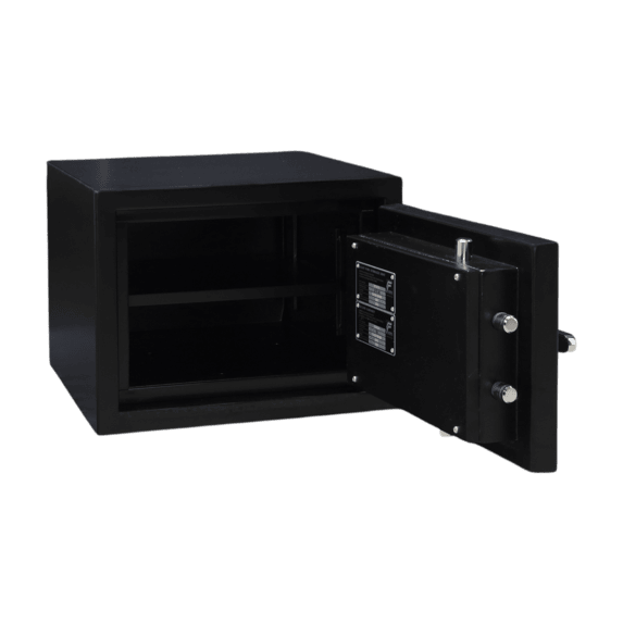 Black safe with open door, visible key lock and one shelf inside.