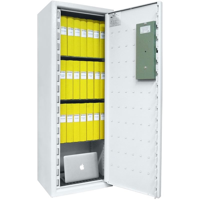 White security cabinet with open door, yellow cassettes organised on three shelves, green control panel visible inside, laptop at base