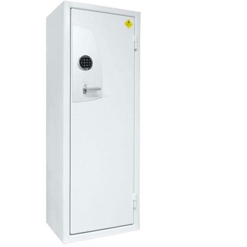 White security cabinet with digital code lock and metal handle, door closed.