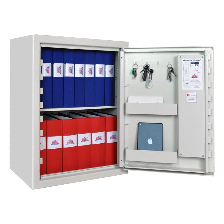 White security cabinet with open door, blue and red storage drawers, keys and tablet visible inside.