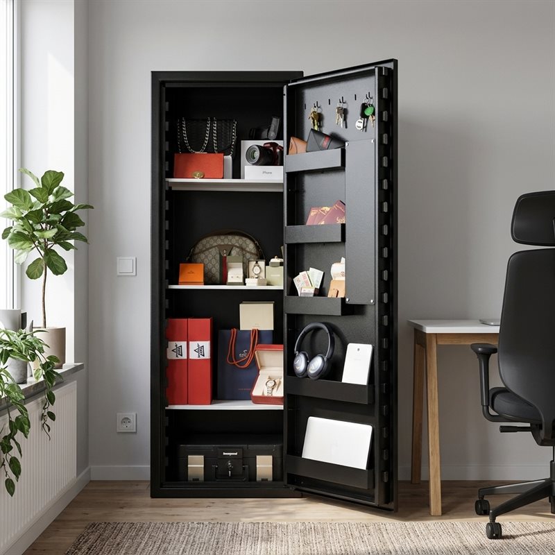 Tall black cabinet with open door, filled with personal belongings on shelves and in the door, in an office environment.