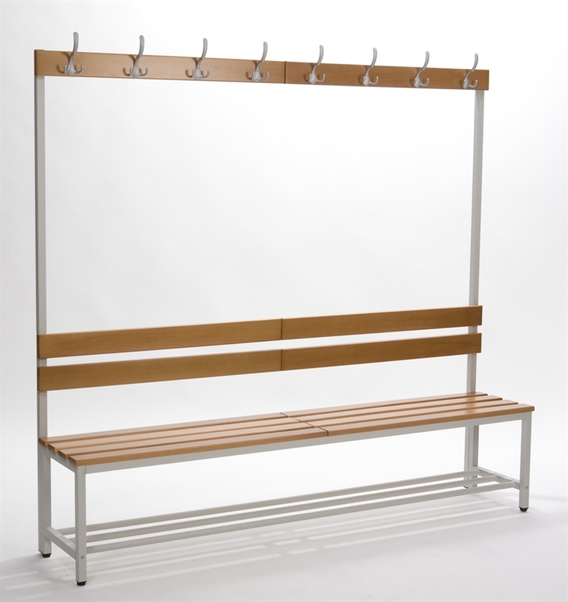 Free standing sitting bench for locker rooms with double hooks