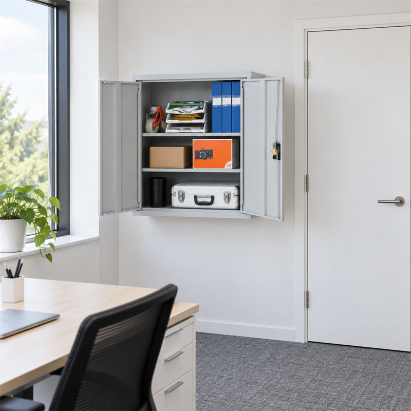 Grey wall-mounted storage cabinet with open doors and shelves filled with office supplies, in an office environment.