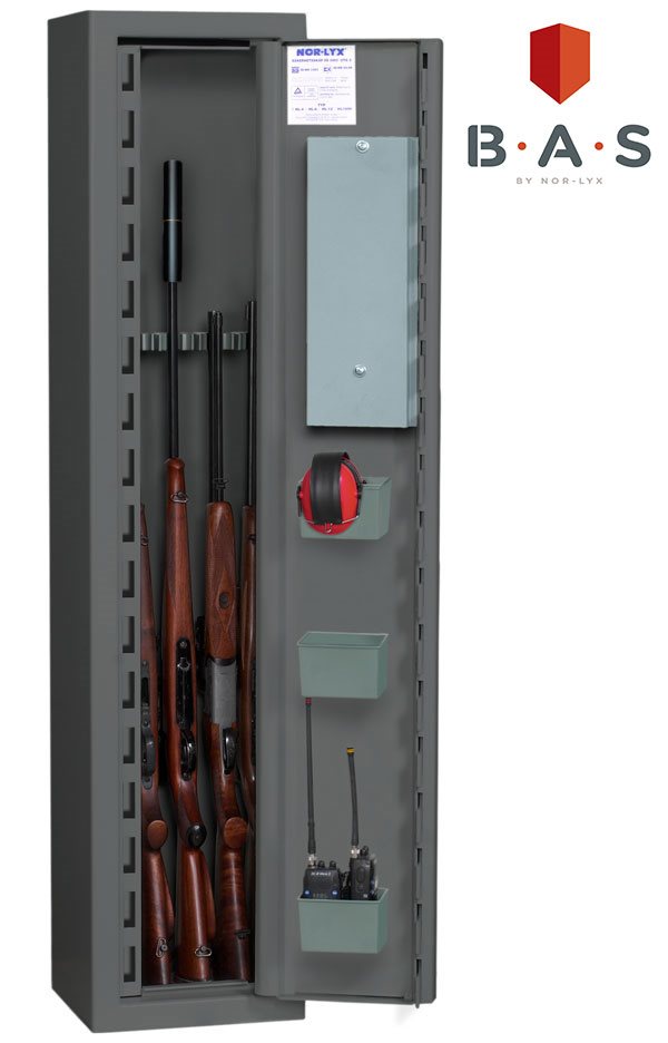 Extra högt vapenskåp för 5 vapen med 3 stycken dörrhyllor