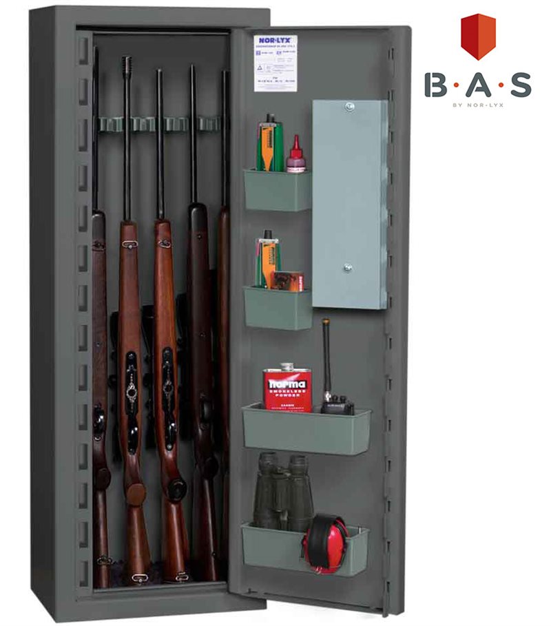 Vapenskåp för 7 vapen. Nyckellås, 4 dörrboxar, pipstöd. Extra brett för fler vapen. 92kg. H1250 x B450 x D300 mm.
