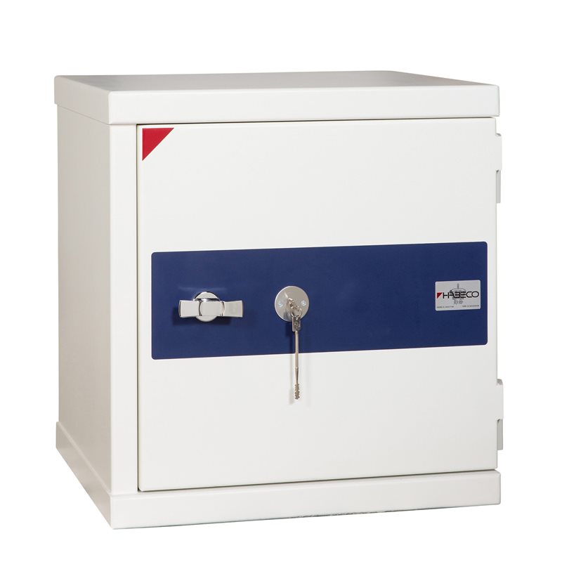White safe with a blue horizontal stripe on the door, chrome handle and key in the lock. The door is closed.
