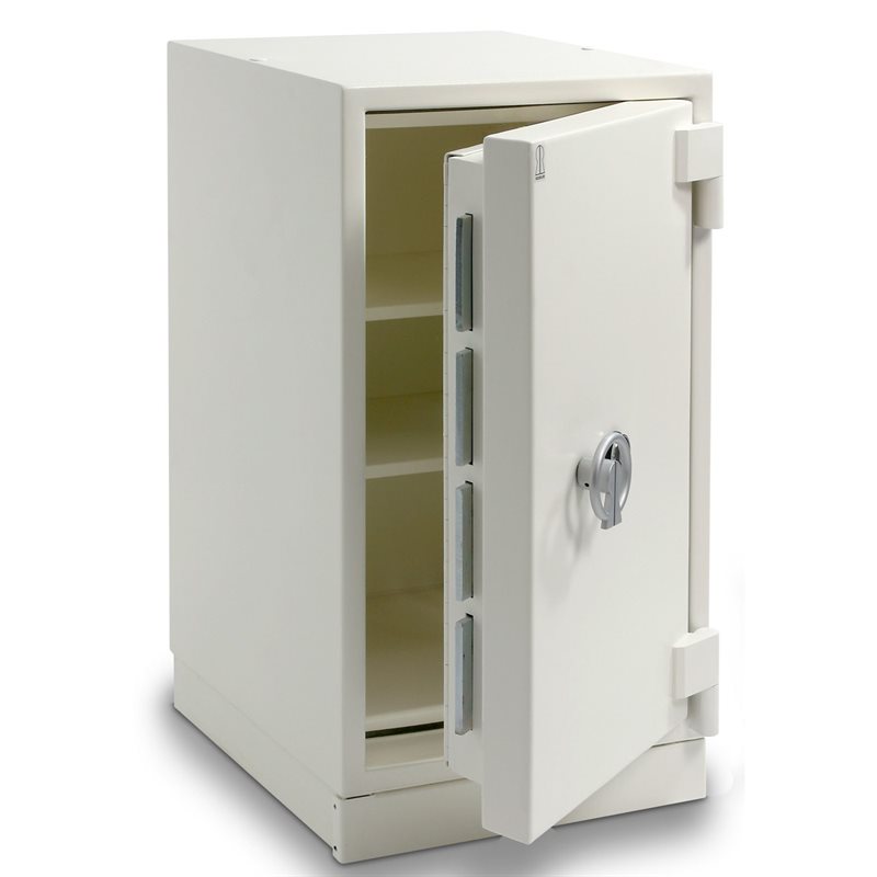 White safe with open door, visible shelves and digital keypad lock.