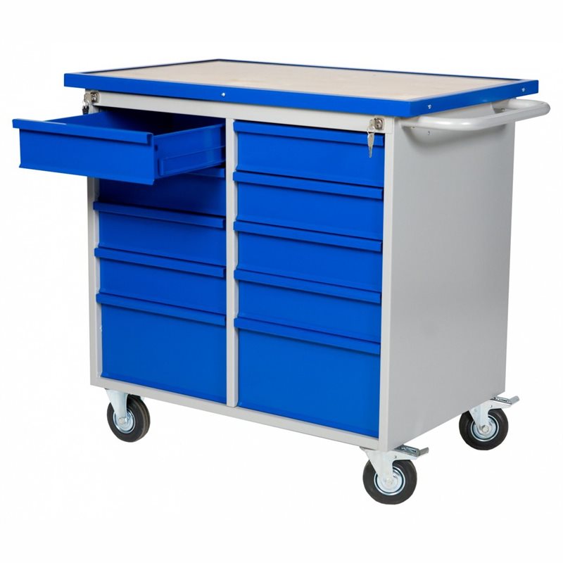 Grey tool trolley with blue drawers and wooden top, one drawer open, keys in lock, on wheels.