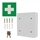 White medicine cabinet with green cross symbol, mounting kit with plugs and screws and two keys.