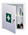White lockable medicine cabinet with green cross on door, open door shows two shelves with medicines and first aid items.