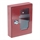 Red emergency key cabinet with glass door and cylinder lock, door closed.