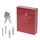 Red key cabinet with two keys, screws and wall brackets on white background.