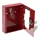 Red emergency key cabinet with open door, visible lock and key, studio background.