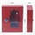 Red emergency key cabinet with glass panel and lockable door, front and side view with dimensions 120x159x32 mm.