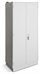 Light grey tall cabinet with two closed doors, a handle, a key lock, and a vent on top, from a slight front angle.