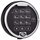 Round black keypad with silver details and illuminated buttons, angled from front-right.