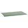 Green movable metal shelf, viewed from an angle.