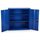 Blue metal storage cabinet with two open doors and three visible shelves.