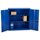 Blue metal cabinet with two open doors, three shelves with two cardboard boxes and two blue binders.