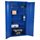 Blue metal cabinet with two open doors and five shelves. The shelves hold a box, binders and toolboxes.