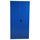 Blue metal cabinet with two closed doors and a black key lock.