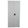 Light grey metal storage cabinet with two closed doors and black key lock.