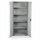 Grey metal storage cabinet with two open doors and five shelves inside.
