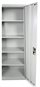 Grey metal storage cabinet with open door and multiple compartments.