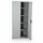 Grey metal storage cabinet with one door closed and one door open, revealing four shelves.