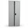 Light grey metal storage cabinet with two doors, the right door is slightly ajar showing shelves. Black key lock.